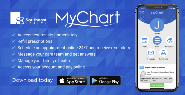 Advertisement for MyChart, highlighting features like appointment scheduling, secure messaging with doctors, prescription refills, and access to medical records.